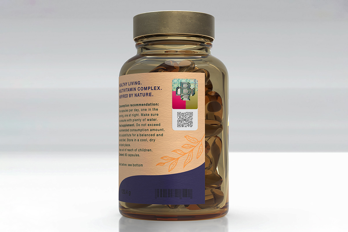 Smart packaging label with QR code and security authentication features for premium products.